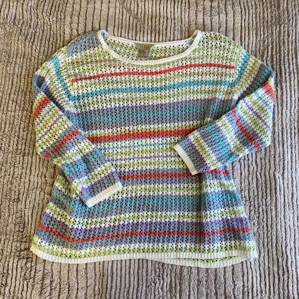 Teddi White Long Sleeve Top W/ Colorful Stripes Size L Boho Hippie Spring